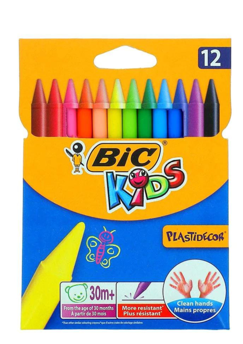 CRAYONS À CIRE DE 12 COULEURS KIDS PLASTIDÉCOR BIC